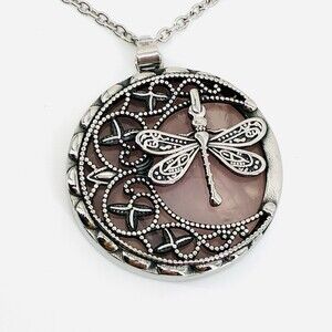 Rose Quartz Dragonfly Filigree Pendant Necklace Stainless Steel Boho Vintage (B)